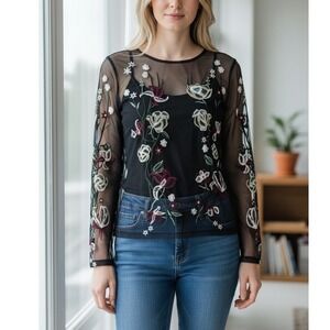 Gimmicks by BKE Black Sheer Mesh Floral Embroidered Top L-Romantic Goth‎